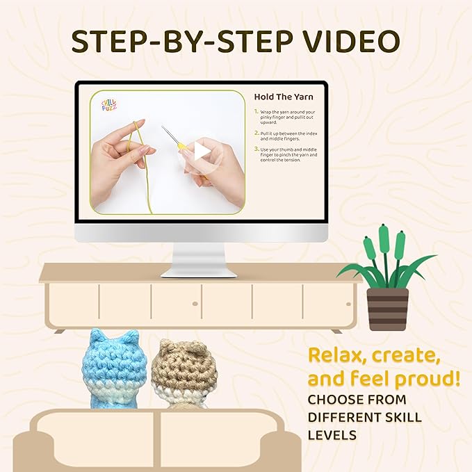 ChillFuzz Animal Crochet Kit Beginner Crochet Kit for Adults and Kids with Yarn Hook and Instructions Fun DIY Craft Gift Yoga Cat