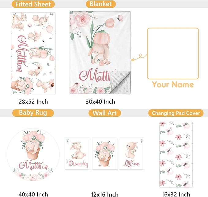 Custom Baby Crib Bedding Set - 5 Pcs Personalized Name Baby Crib Set with Double Layer Blanket - Soft Tulip Bunny Nursery Bedding Set for Girls Boys - Customized Gifts for Infants Toddlers