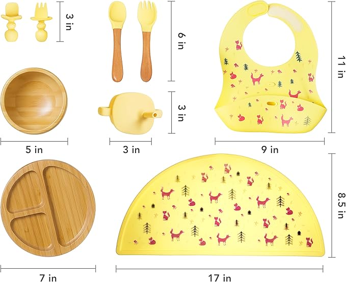 Bamboo Baby Feeding Set for Infants & Toddlers - Baby Essentials, Non-Toxic, Sustainable, Bamboo Suction Plate & Bowl, Bib, Sippy Cup w/Lid & Straw, Daily Use, Travel, Baby Shower Gifts (Yellow)