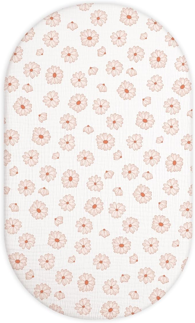 Bassinet Sheet for Baby Boy and Girl, Fitted Sheets for Rectangle, Oval, Hourglass Bassinet Mattress, Muslin Moses Basket Sheets with Neutral Style (Flower-A)