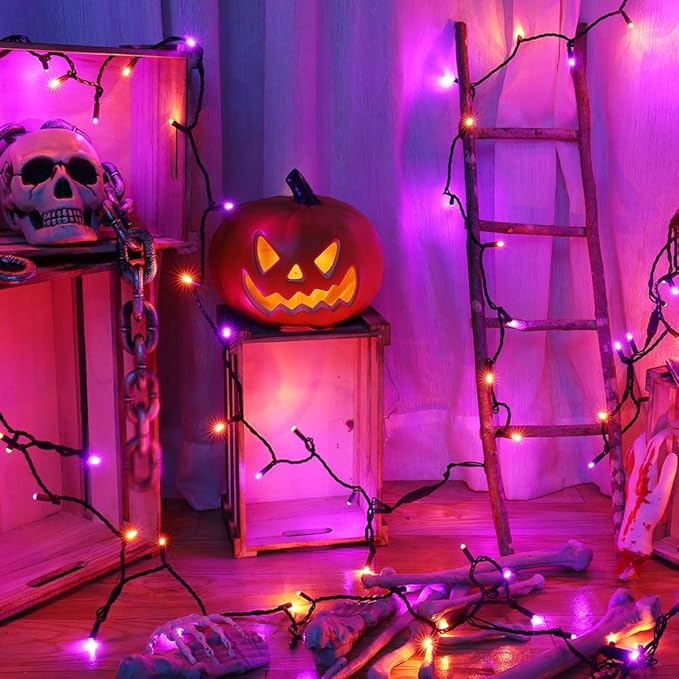 Brizled Orange & Purple Halloween Lights, 33ft 100 LED Halloween Lights 5mm Wide Angle String Light, 120V UL Certified Connectable Mini Purple Light Outdoor for Party Home Tree Decoration, Black Wire