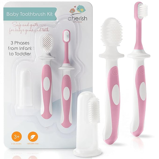 Cherish Baby Care Baby Toothbrush & Toddler Toothbrush Set (0-2 Years) - BPA-Free & Safety-Tested, 2023 Award Winner, Food-Grade Silicone (Pink)