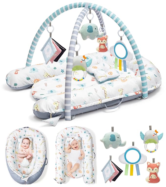 Baby Play Mat, 7-in-1 Tummy Time Activity Gym Mat, Washable Baby Lounger Nest, Portable Floor Seat for Home & Travel, Baby Essentials Gift for Infant Newborn 0-6-12-18 Months