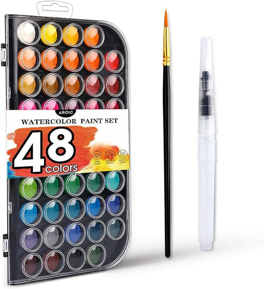AROIC 48 Colors Watercolor Paint Set,Washable Water Color Paint KiTs with Refillable Water Brush Pens Travel Art Kit for Kids, Beginners & Artists Birthday Gift for Children & Art Lovers