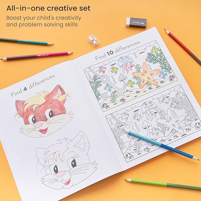 Arteza Kids Activity Book, Spot The Difference Book, Back to School Supplies for Ages 6 and Up, 50 Sheets, 12 Double-Ended Colored Pencils, Black Marker, Eraser, Sharpener