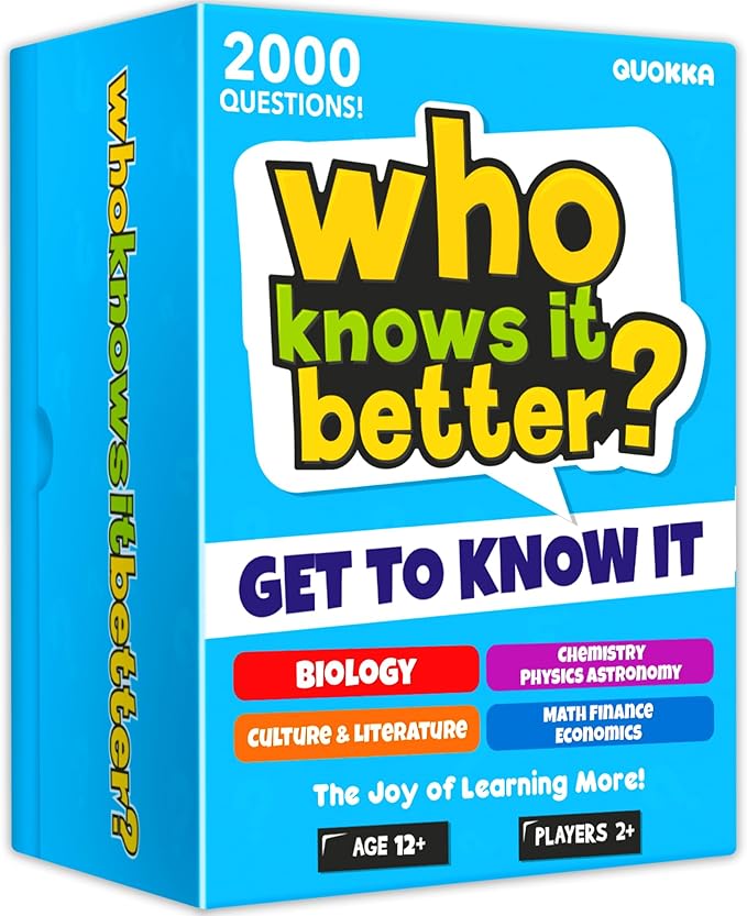Board Games for Kids 8-12 and Family - Set of 4 Who Knows It Better? - 2000+ Questions Across Biology, Culture, STEM and Math - Educational Trivia Cards for Learning and Game Night
