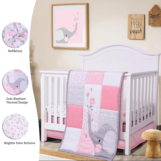 Cloele Elephant Crib Bedding Set for Girls - 3 Piece Baby Bedding Set Includes Comforter Fitted Sheet Crib Skirt - Pink Floral Standard Size Nursery Bedding Set Baby Crib Set for Girls