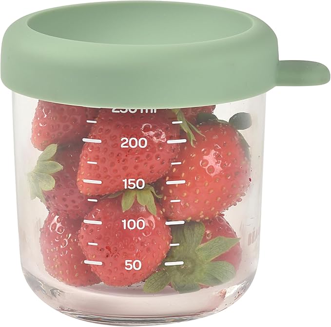 BEABA 8 oz Glass Baby Food Jars with Soft Silicone Air Tight Lids, Glass Storage Containers with Lids, Microwave and Freezer Safe Containers, Sage
