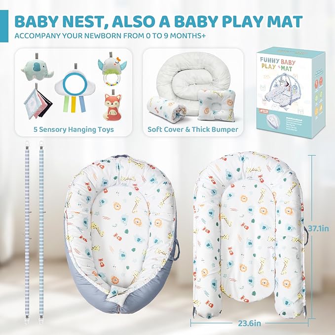 Baby Play Mat, 7-in-1 Tummy Time Activity Gym Mat, Washable Baby Lounger Nest, Portable Floor Seat for Home & Travel, Baby Essentials Gift for Infant Newborn 0-6-12-18 Months