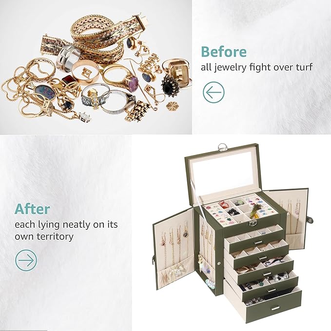 BOOVO Jewelry Box For women, 6 Layer Large Jewelry Organizer With Mirror, Multi-Function Storage Box With Lock, Accessory Holder With 5 Drawers, For Earrings Necklace Ring Bracelet (Army green)