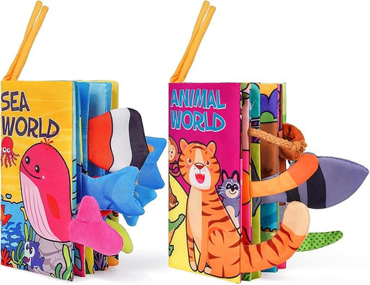 Baby Books 0-6 Months, 2PCS Crinkle Books for Babies, Touch and Feel Sensory Cloth Book 6-12 Months, Tummy Time Toys, Baby Toys for Newborn 6 Page Pink