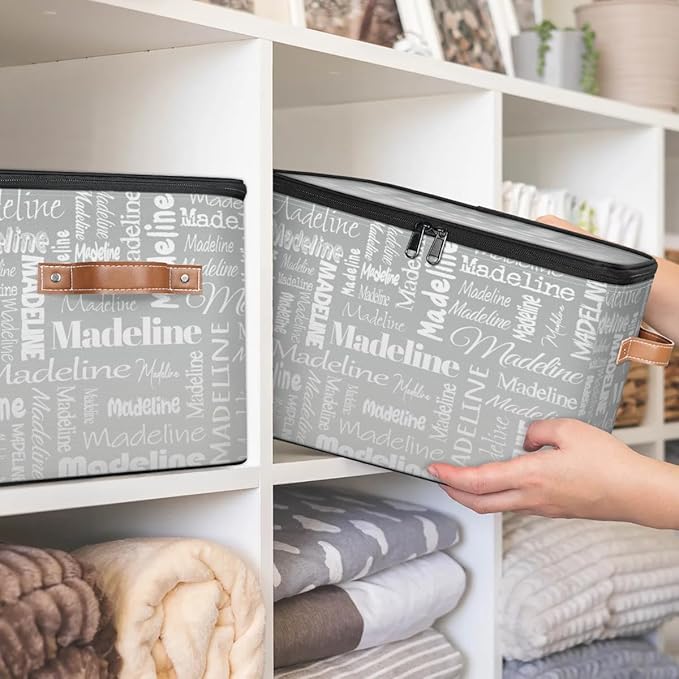 Custom Storage Basket with Name, Personalized Storage Bins with Zipper Lid, Foldable Fabric Storage Box Large capacity with Handle Grey
