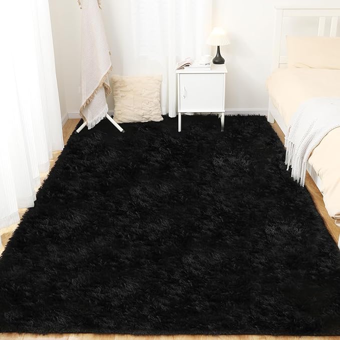 Black Area Rug - 9x12, Soft Plush for Living Room, Bedroom & Nursery, Non-Slip Indoor Carpet for Study, Kids Room Decor