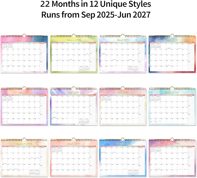Calendar 2025-2027 22 Monthly Wall Calendar Runs from September 2025 until June 2027 Spiral Binding Hanging 11.5" x 14.7" Thick Paper with Julian Dates and Block for School Office（Colorful）