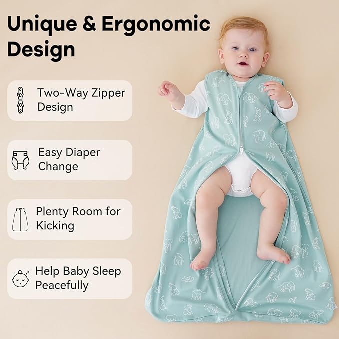 Baby Sleep Sack 18-24 Months 0.5 Tog Wearable Blanket Baby, 3 Pack 100% Cotton Lightweight Sleeping Sack with 2-Way Zipper for Infant Toddler Apricot Gray Green Elephant