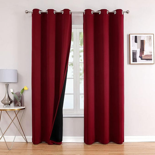 ChrisDowa 100% Blackout Curtains 84 inch Long for Bedroom with Black Liner, 2 Thick Layers Total Blackout Thermal Insulated Grommet Window Curtains 2 Panels Set (Burgundy, 38 x 84 Inch)