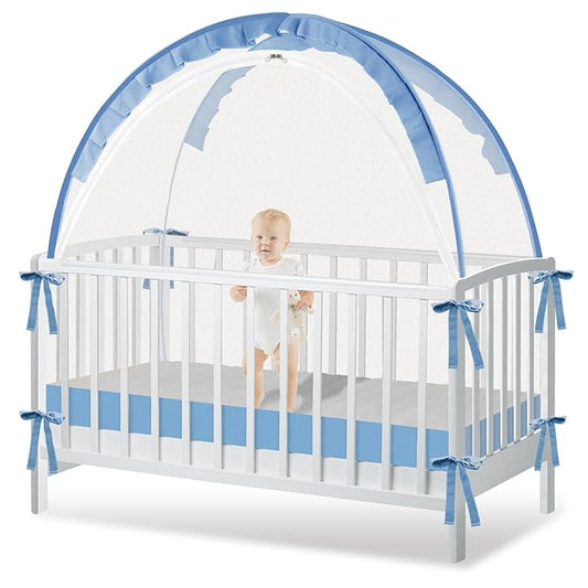 Crib Tent to Keep Baby from Climbing Out - Crib Net to Keep Baby in - Pop Up Breathable Cribs Cover - Canopy with Upgrade Strong Mesh and Durable Zipper (Blue, Lager)