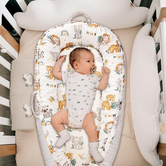 Baby Lounger Cover for Boys Girls, Reversible Baby Nest Cover, Adjustable Baby Lounger Replaceable Cover for Infant Newborn, Portable and Machine Washable, Cotton Gray Elephant Cover Only
