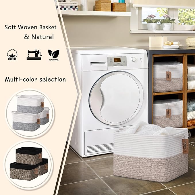 COMFY-HOMI Cotton Rope Woven Basket with Handles for Shelves,Toys,Book, Cloth Storage Baskets for Organizing-13.5" x 11" x 9.5" Toy Decorative Organizer for Living Room, Bathroom （White/Brown）