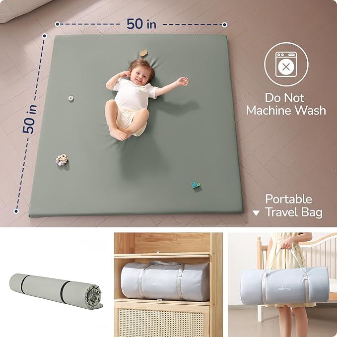 Baby Play Mat for Floor,1.3'' Thick Memory Foam Play Mat,50''x50'' Tummy Time Mat with PU Leather,Cushioned & Waterproof Playpen Mats,Non Slip Crawling Padded for Toddlers,Infants,Kids