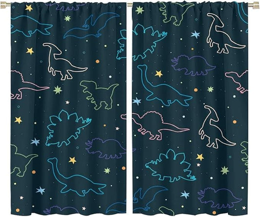 Cartoon Colorful Dinosaur Curtains for Kids Boys Girls Home Decor, Astronaut Funny Outer Space Star Blackout Rod Pocket Window Drapes for Bedroom Living Room W36xL63in 2 Panels