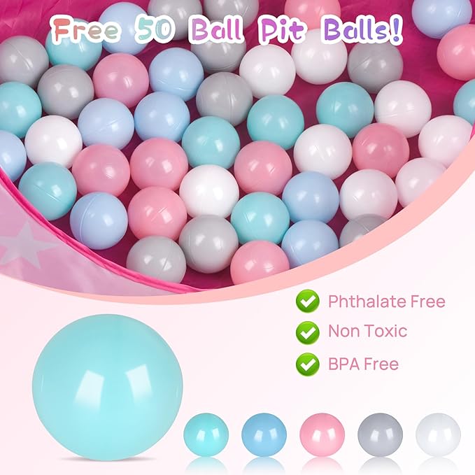 Baby Ball Pit for Toddler with 50 Balls, Pop Up Princess Tent with Star Lights for 1 2 3 Year Old Birthday Gift, 12-18 Months Baby Girl Toys with Carrying Bag, Indoor&Outdoor Play Tent for Kids