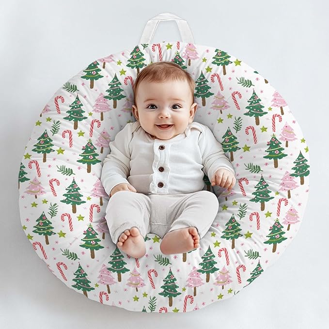 Cartoon Winter Christmas Tree Stars Leaves Pattern Baby Lounger Cover, Unisex Removable Infant Newborn Snug Fit Floorseat Sleeping Lounger Slipcover for Boys Girls Lounger Pillow, Cover Only-24*26
