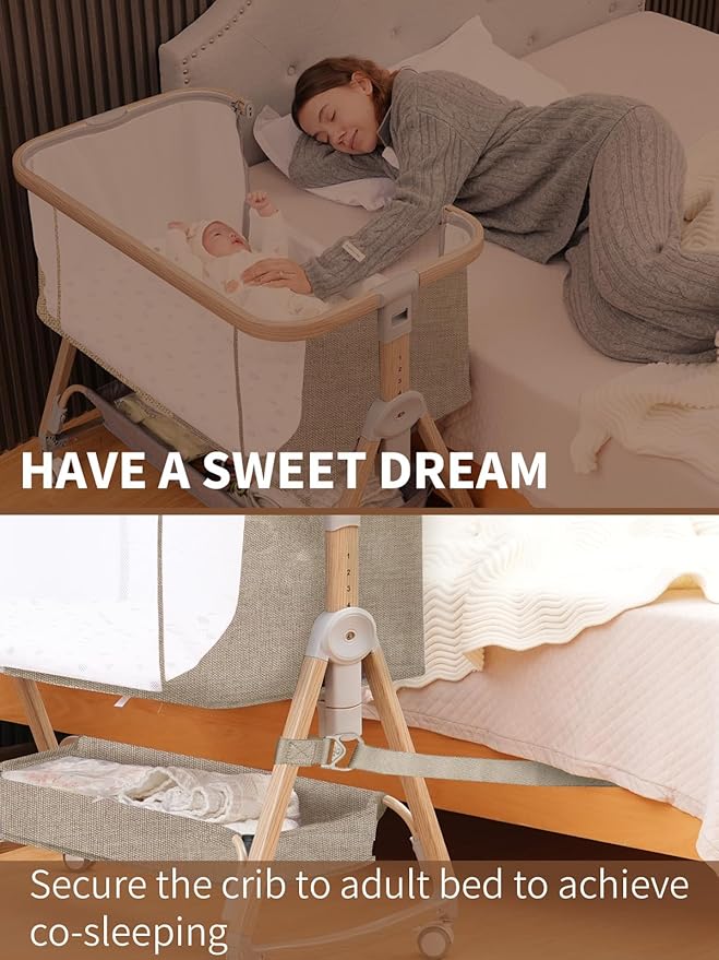 Baby Bassinet, Bassinet Bedside Sleeper with Waterproof Bassinet Sheets and Soft Mattress, Safe Adjustable Height Bedside Bassinets with Wheels, Girl/Boy Bassinets, Khaki