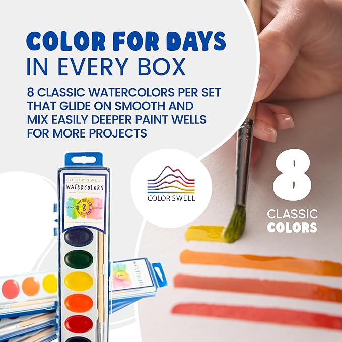 Color Swell 144 Set Bulk Watercolor Paint Pack with Wood Brushes 8 Colors Washable Water Colors Perfect for Kids Classroom Parties Students All Ages