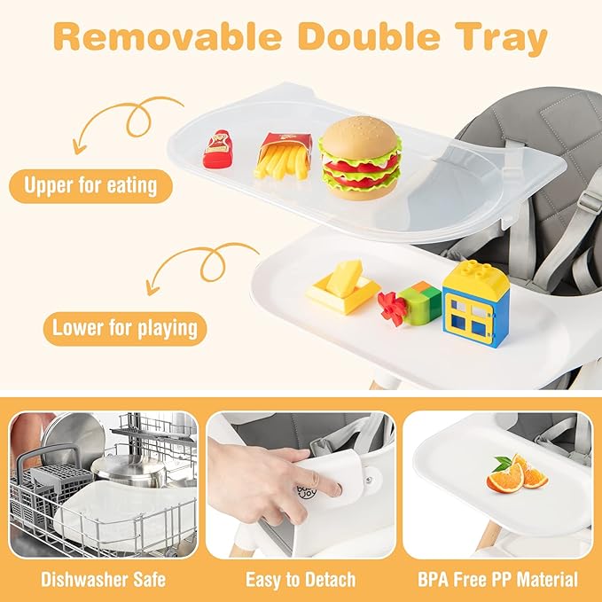 BABY JOY Baby High Chair, 6 in 1 Convertible Wooden High Chair for Babies & Toddlers with Adjustable Legs, Double Removable Tray, Safety Harness & Waterproof PU Cushion (White)