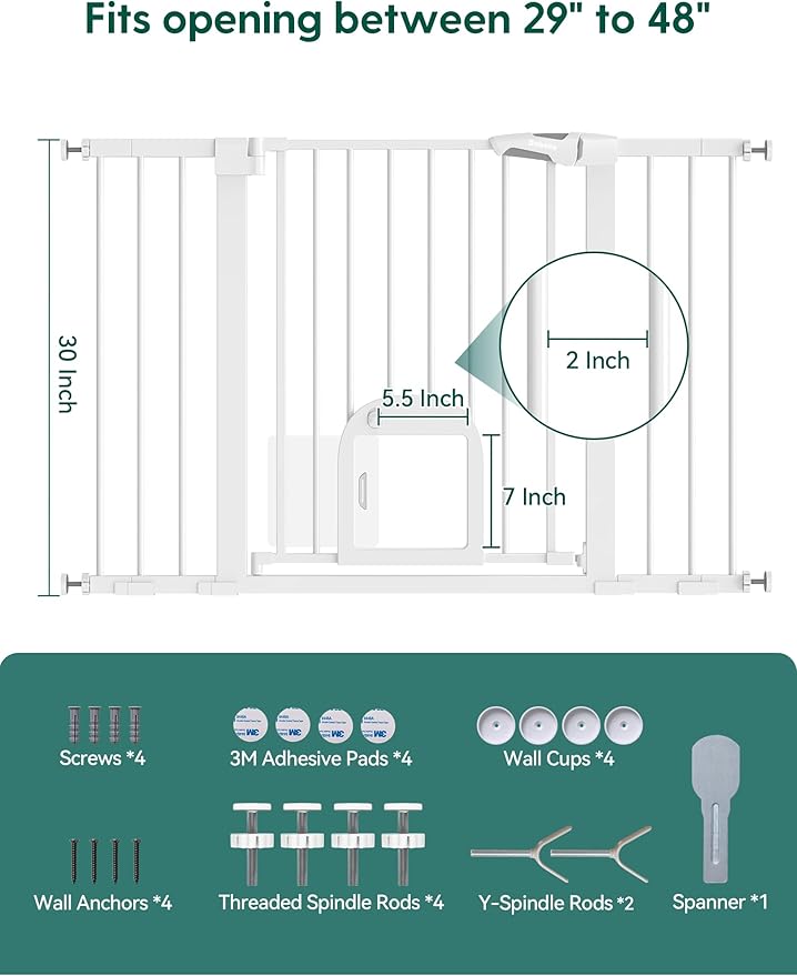 Babelio 29-48" Extra Wide Baby Gate with Adjustable Cat Door,Easy Install Pressure/Hardware Mounted,Auto Close Pet door for Stairs,House,Doorways,Effortless Walk Thru,White