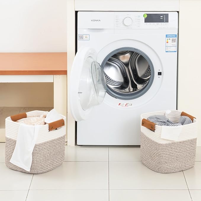 danpinera 11 Inch Storage Baskets, Woven Baskets for Organizing, 3 Pack Storage Cubes for Shelves, Closet, Nursery with Removable Leather Handles, White & Mixed Brown