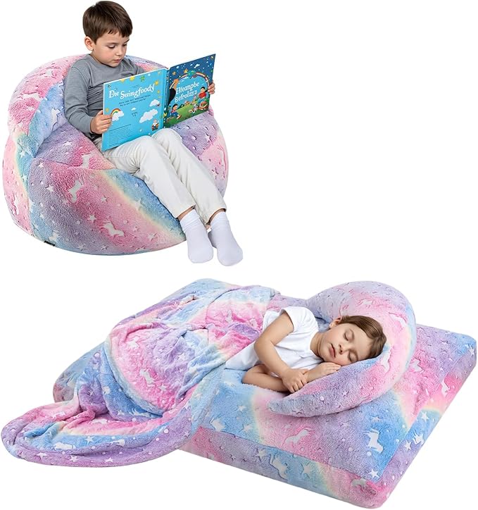 COMAX Bean Bag Chair for Kids, Convertible Toddler Beanbag Bed Unicorn, Children Bean Chair Stuffed to Floor Mattress with Filler, Growing Colorful Rainbow