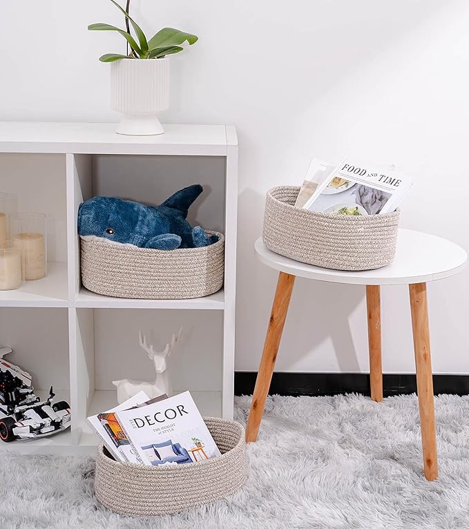 Cute Shelf Basket to Store and Organize Household Items/Baskets&Bins for Daily Storage &Organizing/Woven Rope Basket for Living Room, Playroom/Small Oval-13x8.66x5.11’’,3 Packs Light Brown