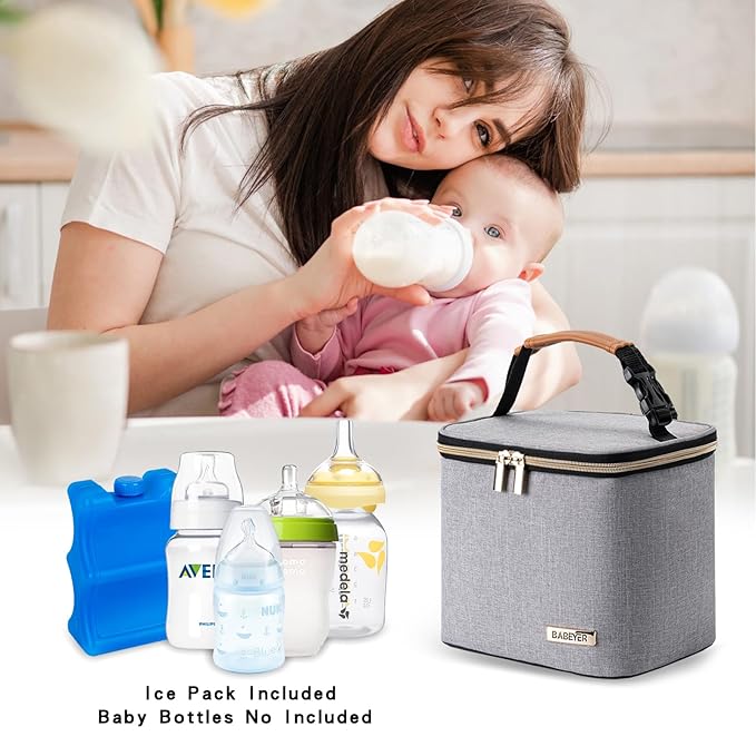 Breast Milk Cooler Bag with Ice Pack Fits 4 Large Baby Bottles Up to 5 Ounce, Baby Bottle Cooler Bag Great for Nursing Mom Daycare, Grey