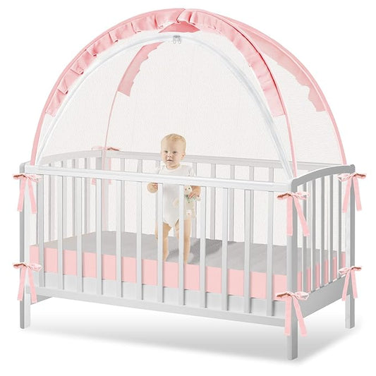 Crib Tent to Keep Baby from Climbing Out - Crib Net to Keep Baby in - Pop Up Breathable Cribs Cover - Canopy with Upgrade Strong Mesh and Durable Zipper (Pink, Lager)