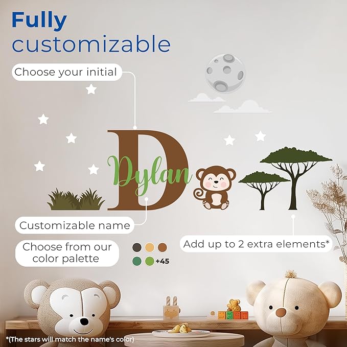CRYPTONITE Personalized Name Jungle Animals Vinyl Wall Decor I Nursery Wall Decal for Baby Boy & Girl Decoration I Stickers for Kids I Multiple Options for Customization (D. Monkey)