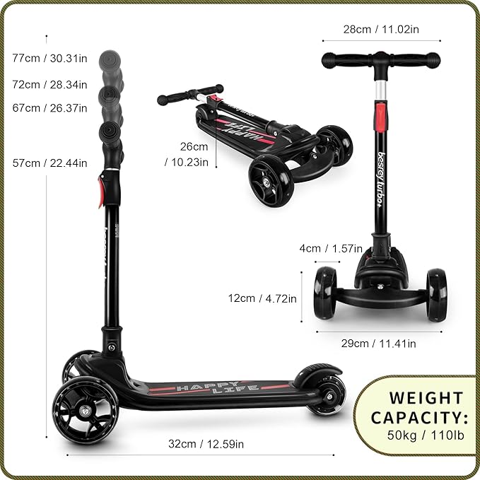 Besrey Kick Scooter for Kids Ages 3-10, 3-Wheel Folding Scooter with Adjustable Height, LED Light Wheels, Extra Wide Deck for Outdoor Activities