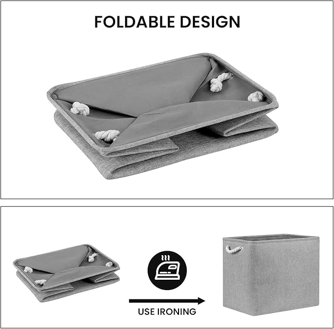 Bidtakay Collapsible Storage Bins for Clothes Large Grey Storage Baskets with Cotton Handles 17x12x15 In Set of 2 Fabric Cubby Storage Bins Livingroom Home Decorative Storage Organizer for Blankets