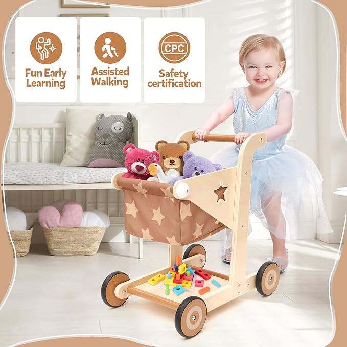 Asweets 2 in 1 Wooden Baby Walker Push and Pull Doll Stroller, Shopping Cart Learning Walker for Boys and Girls, Sit Stand Learning Toddler Toy (Brown)