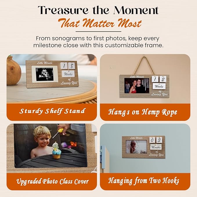 Brown Ultrasound Sonogram Picture Frame with Milestone Tracker – Elegant Wooden Keepsake for Expecting Parents – Nursery Décor Gift for New Moms – Countdown Tiles Included – 12" x 6" Design