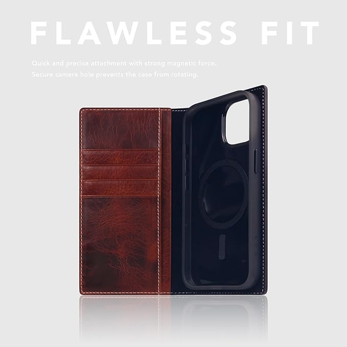 D7 Italian Wax Leather Wallet Case for iPhone 15 - [2-in-1] Handcrafted Detachable Diary Style with Magnetic MagSafe Back Cover, Gift Box Included (Brown)