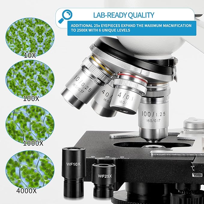 Binocular Compound Microscope, 40X-5000X Magnification, Wide-Angle Eyepiece WF10X WF25X, LED Light Source, XY axis Double-Layer Stage, Adult Microscope (Supports WiFi Wireless Connection)