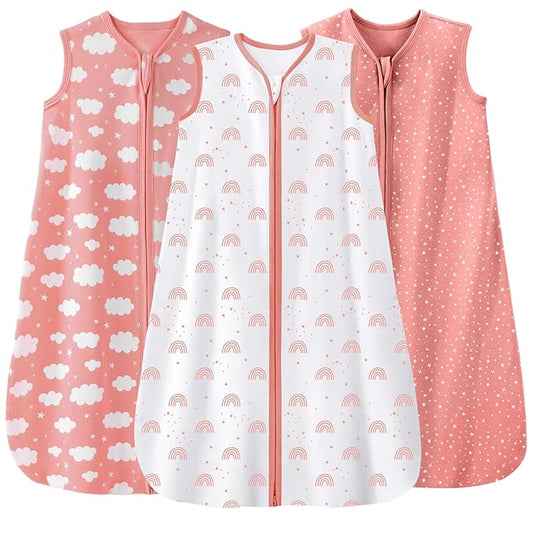Baby Sleep Sack 6-12 Months 3 Pack 100% Cotton Lightweight 0.5 TOG Wearable Blanket Baby Sleep Bag with 2-Way Zipper for Newborn Infant Toddler Pink