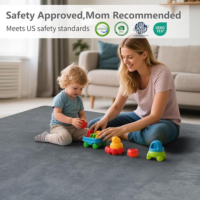 Baby Play Mat for Floor,1.3" Thick Elasti-Foam 50"×50" Playpen Mat for Tummy Time,Water Repellent Soft Coral Velvet for Toddler,Infant,Kids,Non-Slip Backing Safe for Crawling(Dark Grey)