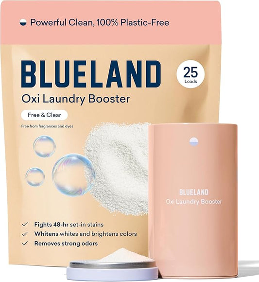BLUELAND Oxi Laundry Booster Powder with Tin, Starter Set, Fragrance Free & Clear, 25 Loads, 17.6 oz, Plastic-Free, Eco Friendly, Oxy Cleaner, Stain Remover