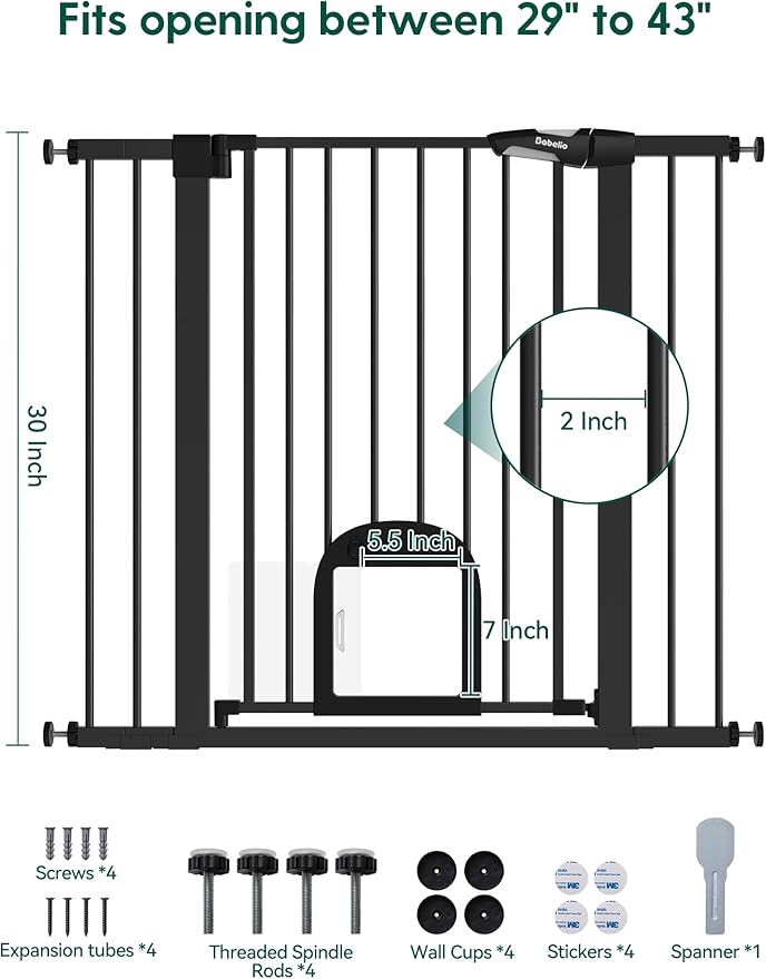 Babelio 36" Tall Upgraded Baby Gate with Cat Door,29-43" Auto Close Durable Dog Gate for Stairs,Doorways and House,Easy Walk Thru,Includes 4 Wall Cups,Black