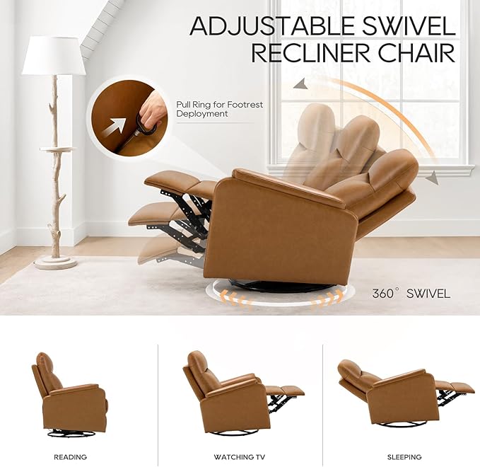COLAMY Leather Swivel Recliner Chair with Footrest, High Back with Double-Layer Cushion, Glider Recliner for Nursery & Living Room, Bedroom, Camel