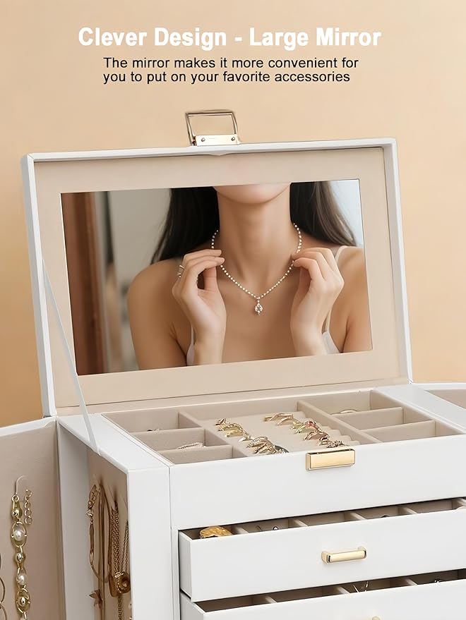 BOOVO Jewelry Box For women, 6 Layer Large Jewelry Organizer With Mirror, Multi-Function Storage Box With Lock, Necklace Holder With 5 Drawers, For Earrings Necklace Bracelet (White and Gold)