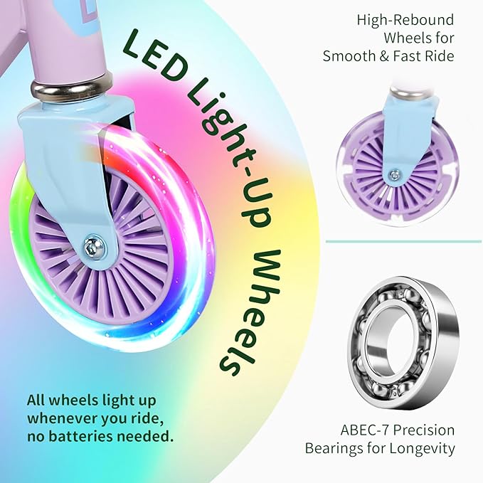 BELEEV V2 Scooters for Kids with Light-Up Wheels & Stem & Deck, 2 Wheel Folding Scooter for Girls Boys, 3 Adjustable Height, Non-Slip Pattern Deck, Lightweight Kick Scooter for Children Ages 3-12